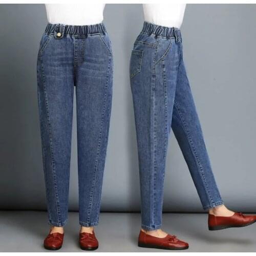 Elastic Waist Harem Jeans Women Casual Pocket Boyfriend Pants Large Size Mom Denim Trousers Spring Autumn Ankle-Length Pants
