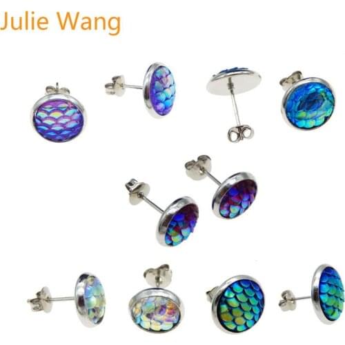 Julie Wang 5 Pairs Resin Mermaid Scales Cabochon Multi-colored Stud Earrings Women Girl Party Earrings Stainless Steel Base