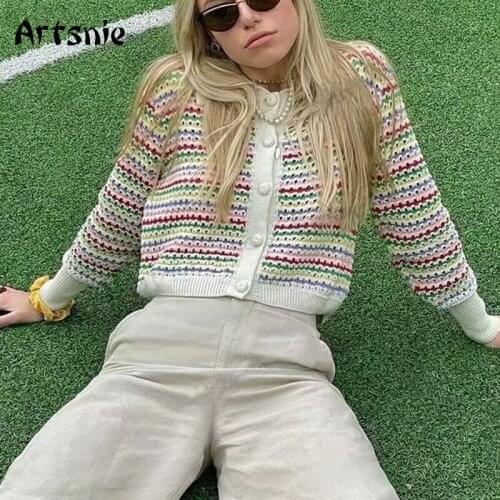 Artsnie Hollow Out Cardigan Women Autumn 2021 Single Breasted Long Sleeve Sweater Pull Femme Streetwear Vintage Crop Cardigans