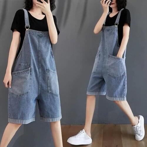 Extra Large Denim Jumpsuits Women 2021 Summer Shorts Big Pocket Denim Overalls Suspenders Jeans Shorts Playsuits Wide Leg Pants