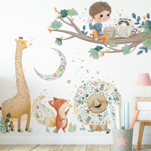 Cute cartoon giraffe lion fox decoration stickers childrens room kindergarten wall stickers big tree wall stickers