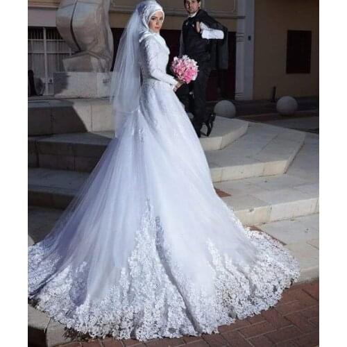 2021 Long Sleeve Muslim Wedding Dress Sweep Train Lace Appliques Mermaid Vestidos De Noiva Corset Back