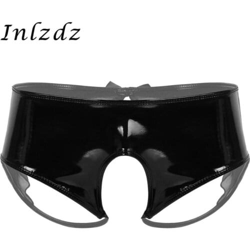 Mens Erotic Lingerie Sissy Panties Wet Look Patent Leather Lingerie Open Crotch with Sheer Organza Trim Sissy Briefs Underwear