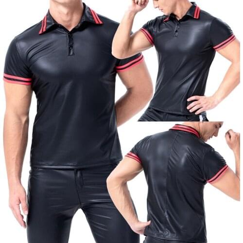 Mans T shirts PU Leather Short Sleeve T-shrits Fitness Slim Streetwear Party Clubwear Sexy Hombre Shirts Plus Size 2XL