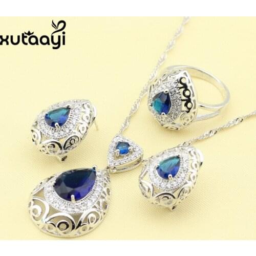 Classy Silver Women Fashion Health Jewelry Sets ,Hollow Water Drop Blue Cubic Zirconia Earring Ring Necklace Pendant