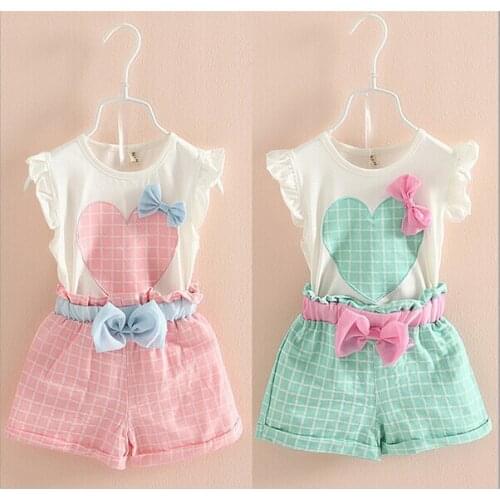 New 2016 Summer Baby Girls Bow Clothing Set Infant Children Suit Set 2Pcs Lattice Pants Toddler Kids Girls Clothes Sets