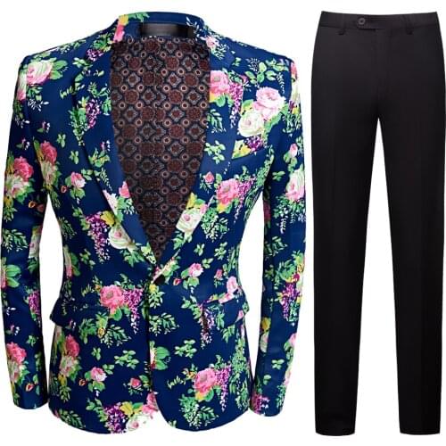 New Arrival Men suit Nightclubs Male Singer DJ Party Fashion Large Blue Flower Mens Cotton Suit Costumes clothes suit