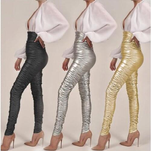 Autumn Winter Women PU Leather Pants Female Sexy Slim Elastic Stretch Fold Skinny High Waist Pencil Pants Women Tight Trouser