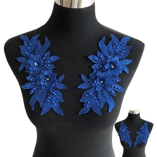 A pair of Royal Blue Flowers Polyester Hollow ABS pearl 3D Rhinestone Lace Fabric for Sewing Lace Top Baby Hair Band Application
