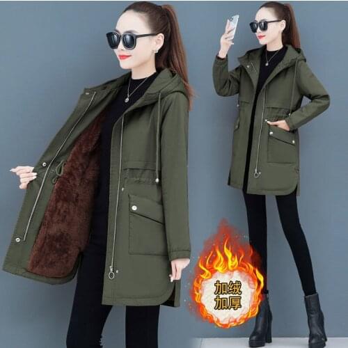 Plus Velvet Thick Mid-Length Trench Coat Women 2020Winter New Fashion Cotton Jacket Hooded Plus Size Warm Jacket Female Overcoat