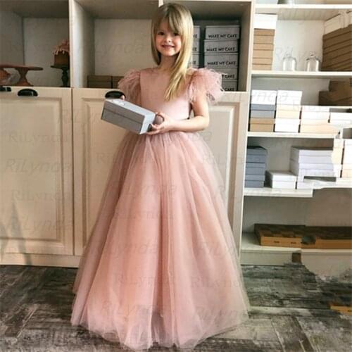 Pink Flower Girl Dresses sleeveless satin Floor-Length Applique Ruffles Girls Pageant Gowns Children Birthday Party Dresses