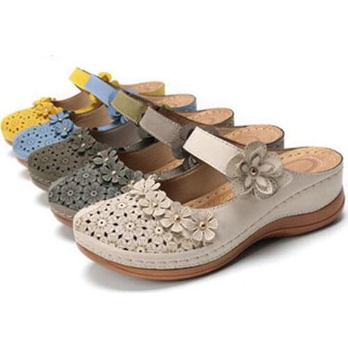 Women Retro Style Open Toe Breathable Sandals Shoes Hollow Flower Anti-slip Slipper Loafers Casual Pu Leather Sandal Summer