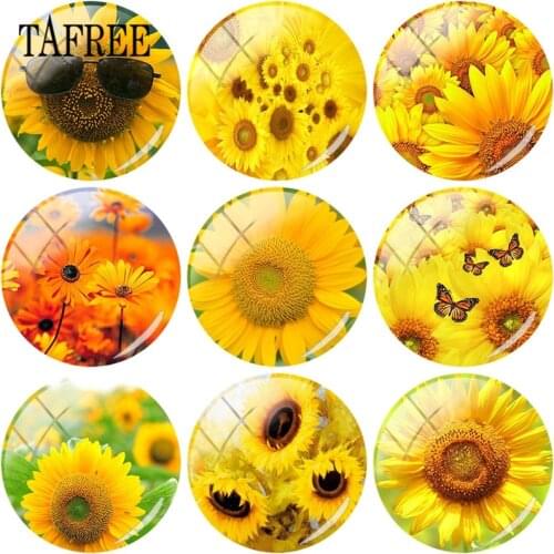 TAFREE DIY 25mm Glass Cabochon Dome With Yellow Color Sunflower Art Picture Flatback Camo Jewelry Findings For Bracelet Earrings
