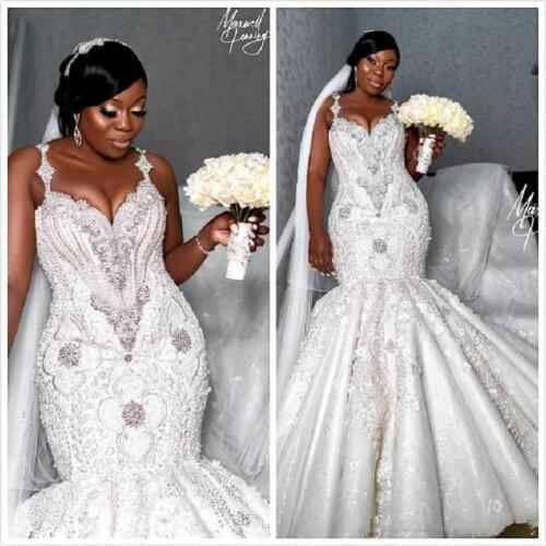 African Mermaid Wedding Dresses Plus Size 2023 robe de mariee Beaded Crystal Lace Wedding Gowns Custom Made Bridal Dress