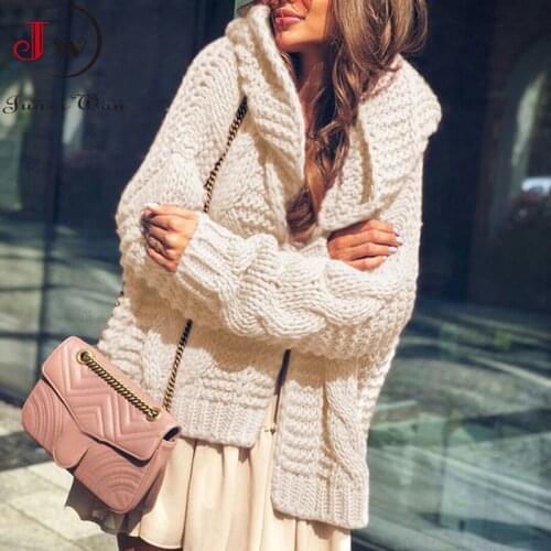 Loose Oversized Women Hooded Sweater Cardigan Autumn Winter Elegant Fashion Warm Solid Knitted Tops Knitwear Outwear