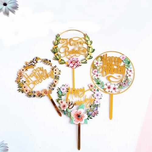 Ins Plant flowers Happy Birthday Cake Toppers Golden Acrylic birthday party cake Topper For Baby Shower Cakes Dessert Decoration