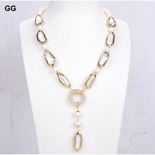 GuaiGuai Jewelry Freshwater Cultured White Biwa Pearl Rectangle Round Pearl Y-Drop Necklace 18.5"