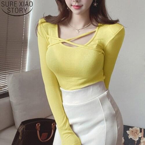 Cotton Shirt Korean Sexy T-shirts Women Strap Round Neck Female Long Sleeve Bottoming T-shirt Show Chest Figure Women Tops 12177