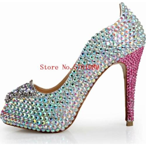 Butterfly Women Shoes 120mm Stiletto Heel Wedding Pumps Peep Toe Genuine Leather Colorful Rhinestone Handmade Crystal Shoes