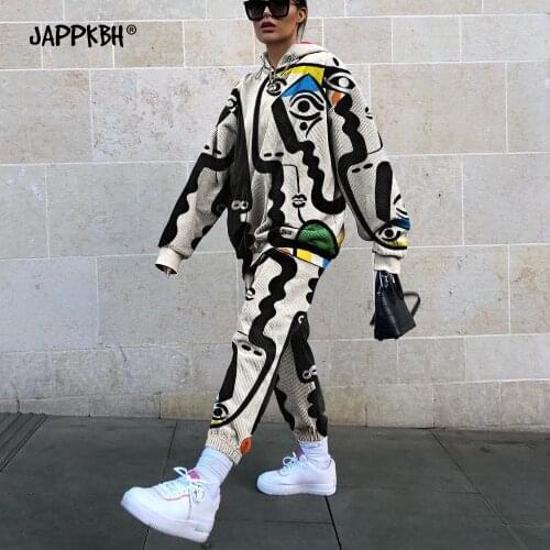 Women Tracksuits Wives Spring 2021 Casual Loose Womens Clothing Fashion Print Hooded Sweatshirt Long Pant Two-Piece Suit Female