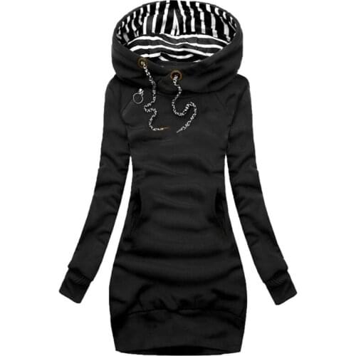 2021 New Autumn And Winter Women´s Pullover Solid Color Long Sleeve Dress Hooded Striped Lace Up Side Zip Skirt for Female