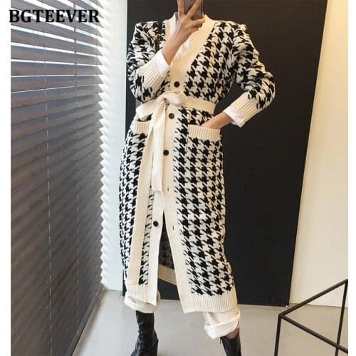 BGTEEVER Vintage Chic Long Knitted Cardigans Women V-neck Single-breasted Lace-up Plaid Open Stitch Sweaters Female 2020 Autumn