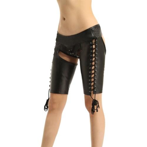 Womens Lingerie Crotchless Short Pants Hollow Out Lace-up Mid Waist PU Leather Sexy Trousers for Nightclub Stage Performance