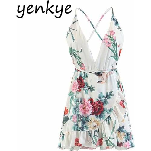 YENKYE Sexy Backless Sling Floral Ruffle Dress Women V Neck Sleeveless Holiday Summer Beach Dress Short Vestido