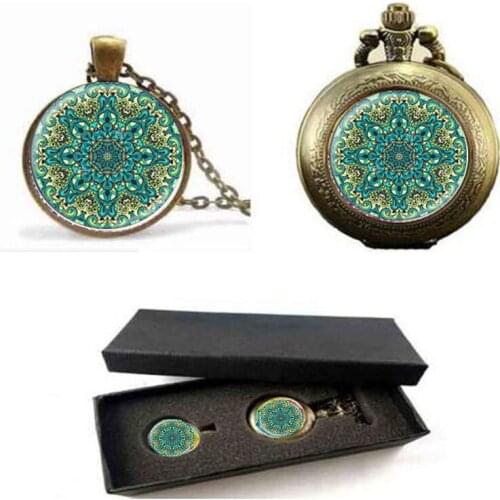 1 Pcs/Lot Art glass pendant Mandala Key Sacred geometry jewelry Keychain New 2017 Key Ring Gifts pocket watch with free box