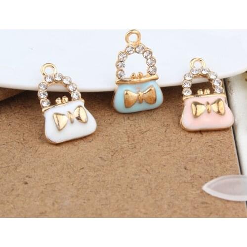 MRHUANG 10pcs/lot Oil Drop Zinc Alloy Bow Bag Enamel Charms Gold-Color Floating Pendant Fashion Jewelry Accessories