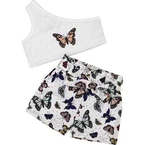 2021-05-07 Lioraitiin 0-6Y Toddler Baby Girl 2Pcs Clothing One Shoulder White Shirt Top Butterfly Printed Shorts With Bow