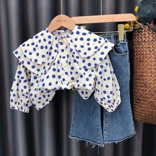 2021 Spring Autumn Fashion Baby Girl Clothes Set Kid Dots Print Top + Denim Jeans Trousers Children Kid Girls Costume Suit W108