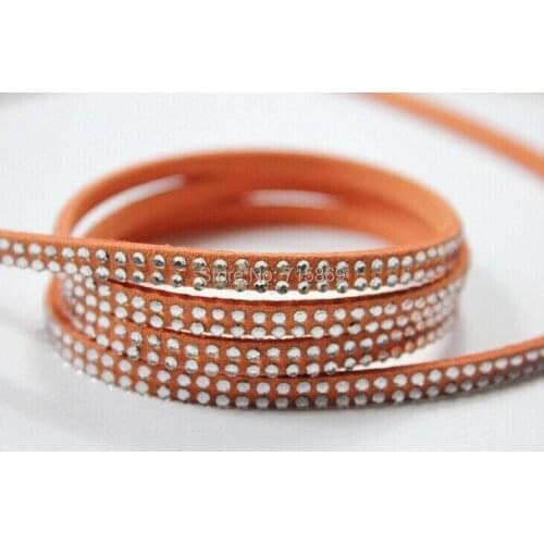Free Ship 100 Meters Orange Flat Faux Suede Leather Lace Cord Golden Yellow 5 x1.5mm Siver Rivet Clear Stone