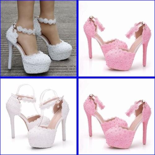 Crystal Queen White Lace Platform Bridal Shoes 14CM High Heel Round Toe Wedding Shoes Ankle Straps Women Sandals Pumps