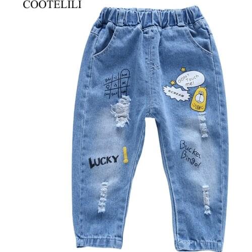 COOTELILI 80-130cm "Lucky"2019 Autumn Children Ripped Jeans For Kids Trousers Children Denim Pants For Boys Casual Elastic Waist