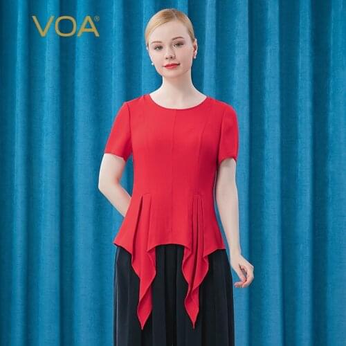 VOA silk queen heavy 34m/m rice wine red round neck regular short sleeve slim personality creative hem T-shirt BE398