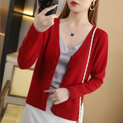 New cashmere cardigan womens thin coat v-neck wool knit bottoming shirt loose spring autumn outer solid color long-sleeved top