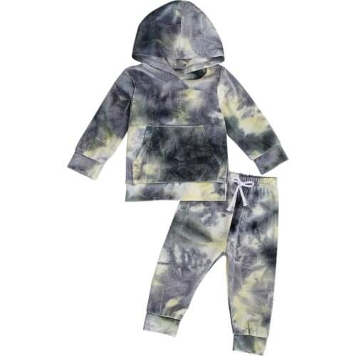 2Pcs Infant Tie-dye Print Outfits Toddler Girls Boys Long Sleeve Front Pocket Hoodie Drawstring Trousers Set