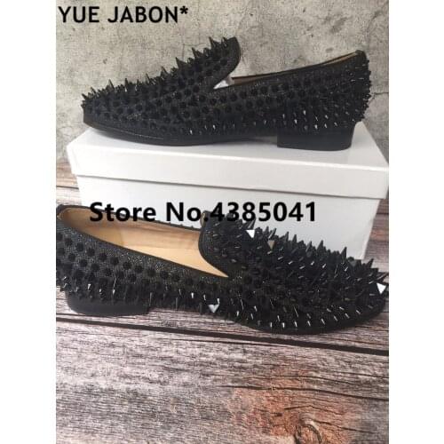 Real Photos Top Quality Black Rivets Studded Men Casual Shoes Slip on Loafers Wedding Party Male Flats Dress Shoes Mens size 46
