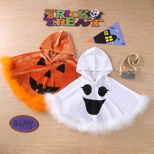 0-3Y Children Halloween Shawls Cartoon Ghost Print Feather Edge Hooded Cloak Autumn Loose Festival Cosplay Costume for Baby
