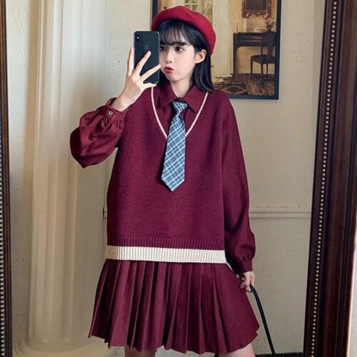 HOUZHOU Women Kawaii Dress Two-piece Suit Preppy Style Sweet Loose Long Sleeve Shirt Dresses Spring Autumn Korean Style Outfits