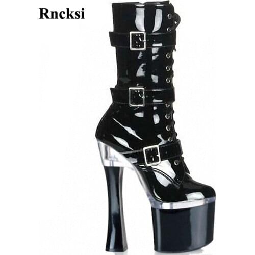 Rncksi Round Toe Night Club Party Buckle Straps Square Heels Shoes Womens Ankle Boots Pole Dance Shoes 18cm High Heels Boots