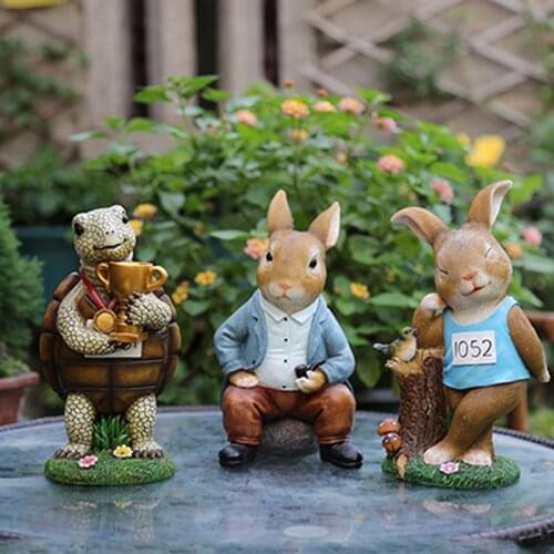 Cute tortoise and rabbit race inspirational story resin sculpture outdoor courtyard balcony figurines fairy garden decorations