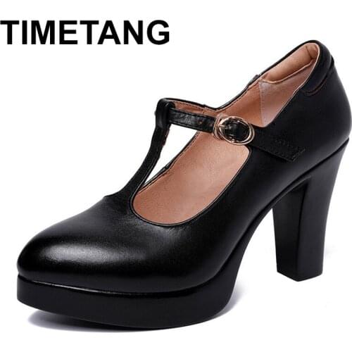 TIMETANGBig Size 35-43 Block Heels Shoes T Strap Women Pumps 2019 Spring Fall Split Leather Office Shoes Woman Platform Heels