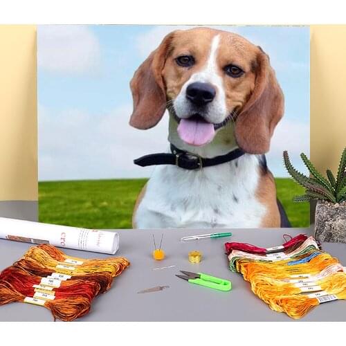 Animal Dog Beagle Printed Water-Soluble Canvas 11CT Cross Stitch DIY Embroidery Complete Kit DMC Threads Painting Stamped
