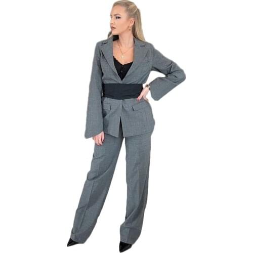 2 Pieces Grey Women Suits With Belt Custom Made Fashion Coat+Pant Formal Casual Double Breasted Party Suits For Women Hot Sale