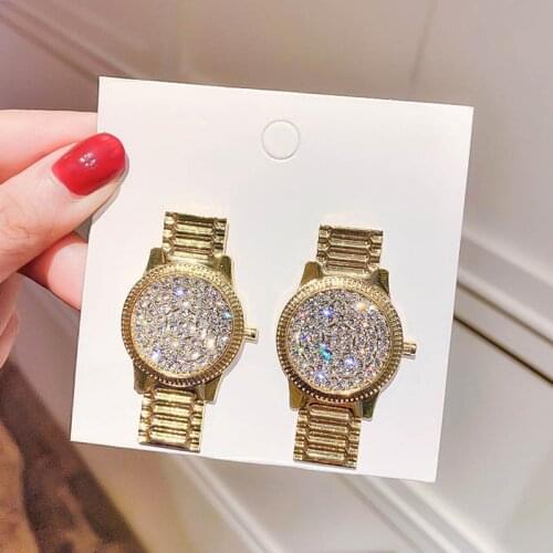 Vintage Crystal Watch Stud Earrings For Women Unique Design Punk Rhinstone Statement Earrings Fashion Jewelry Gift