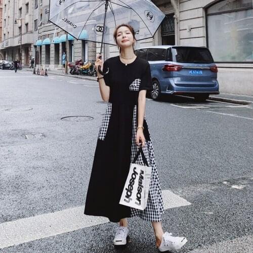 Women Fashion Splice Plaid Short Sleeve O-neck Plus Size Long Dress Female Elegant Chic Loose Casual Big Travel Party Dresses
