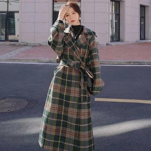 2021 Women Coat Outerwear Winter Clothing Fashion Warm Woolen Blends Female X Long Elegant Double Breasted Woolen Coat Plaid