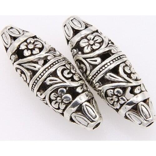 2pcs Beads Zinc metal alloy Spacer Beads Oval silver color Flower Hollow Pattern About 37*13mm,Hole:Approx 1.9mm